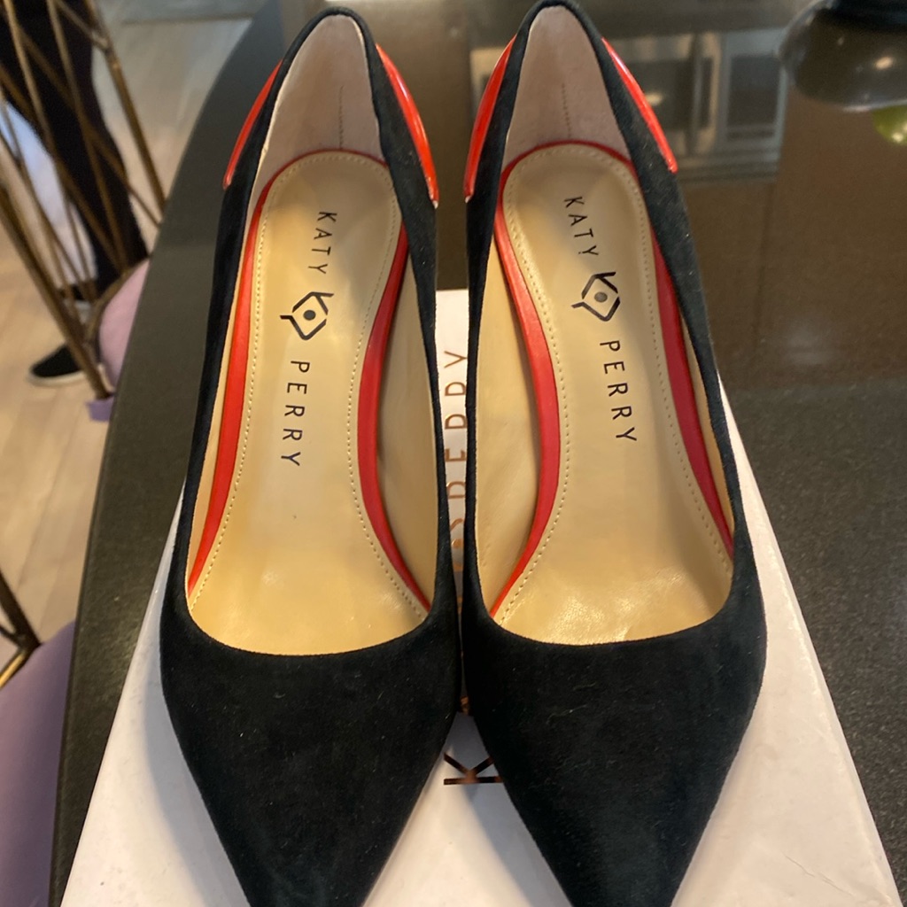 Black Suede Heels With Red Patent Leather Lips On Back. Never Worn.